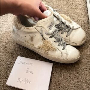 Golden Goose White and Beige Shearling Superstar Sneakers